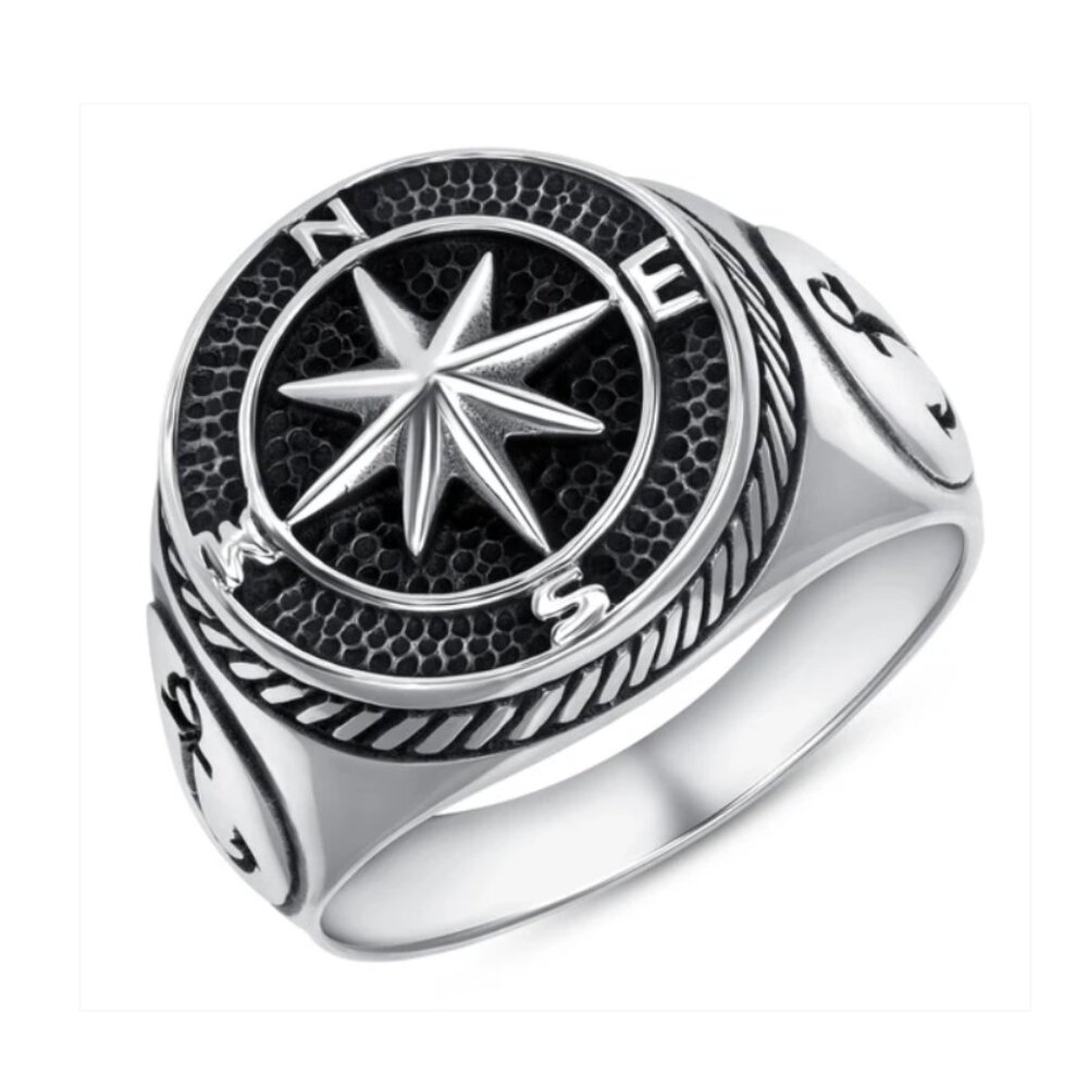 Sterling Silver 925 Oxidized Compass Men's Ring